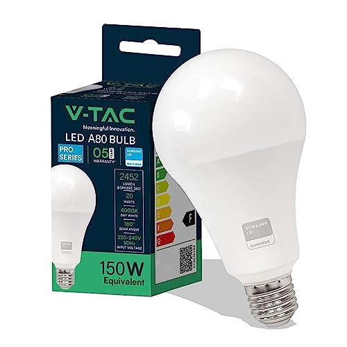 V-TAC Bombilla LED E27 - A80 - 20W (Equivalente a 150W) - 2452 Lumen - 4000K Blanco Neutro - Apertura del Haz de Luz...