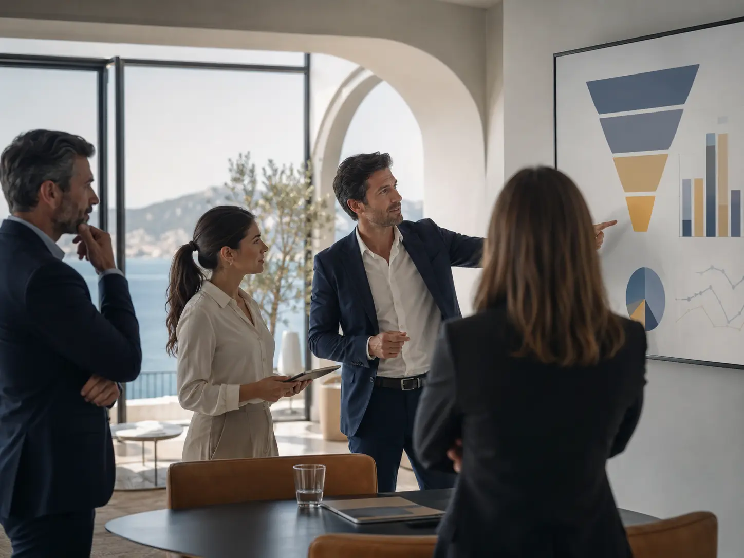 Equipo trabajando la estrategia comercial y de marketing de una empresa