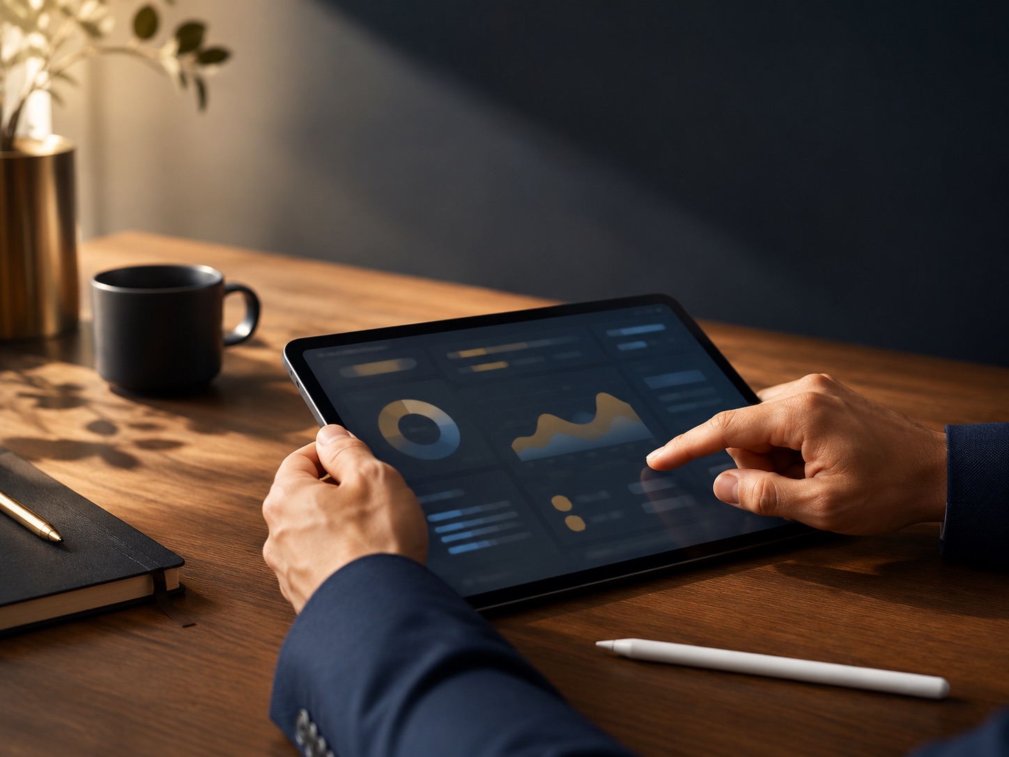 Directivo revisando en una tablet los procesos digitalizados de su empresa